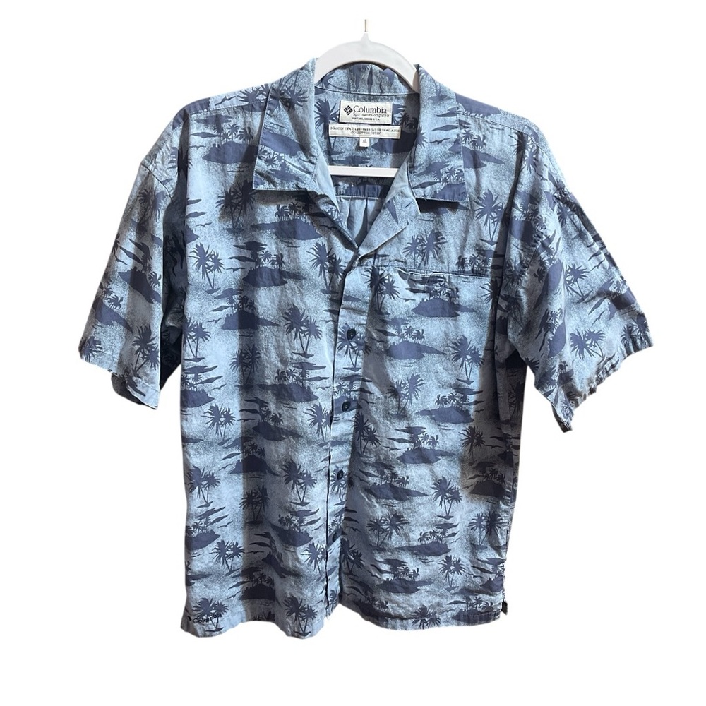 Columbia Mens Button Up Pocket Shirt Hawaiian Blue XL Palm Tree Tropical Vacay